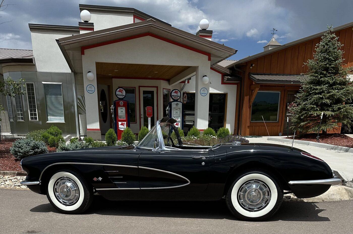 The Barn at Rancho Vaya Con Dios with a classic Corvette out front